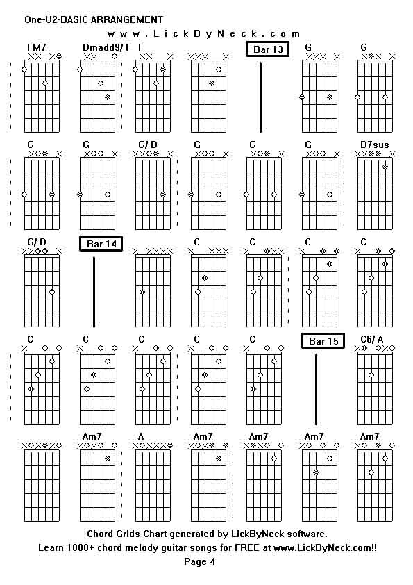 Chord Grids Chart of chord melody fingerstyle guitar song-One-U2-BASIC ARRANGEMENT,generated by LickByNeck software.